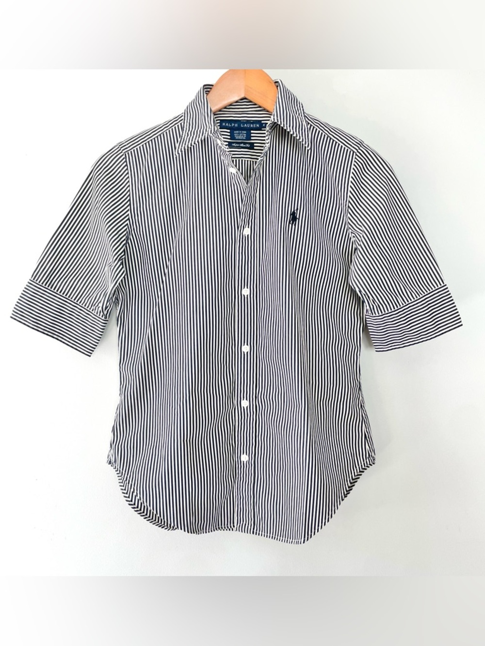 VINTAGE Y2K Ralph Lauren BLUE LABEL Super Slim Fit Navy White Stripe Shirt Top 4